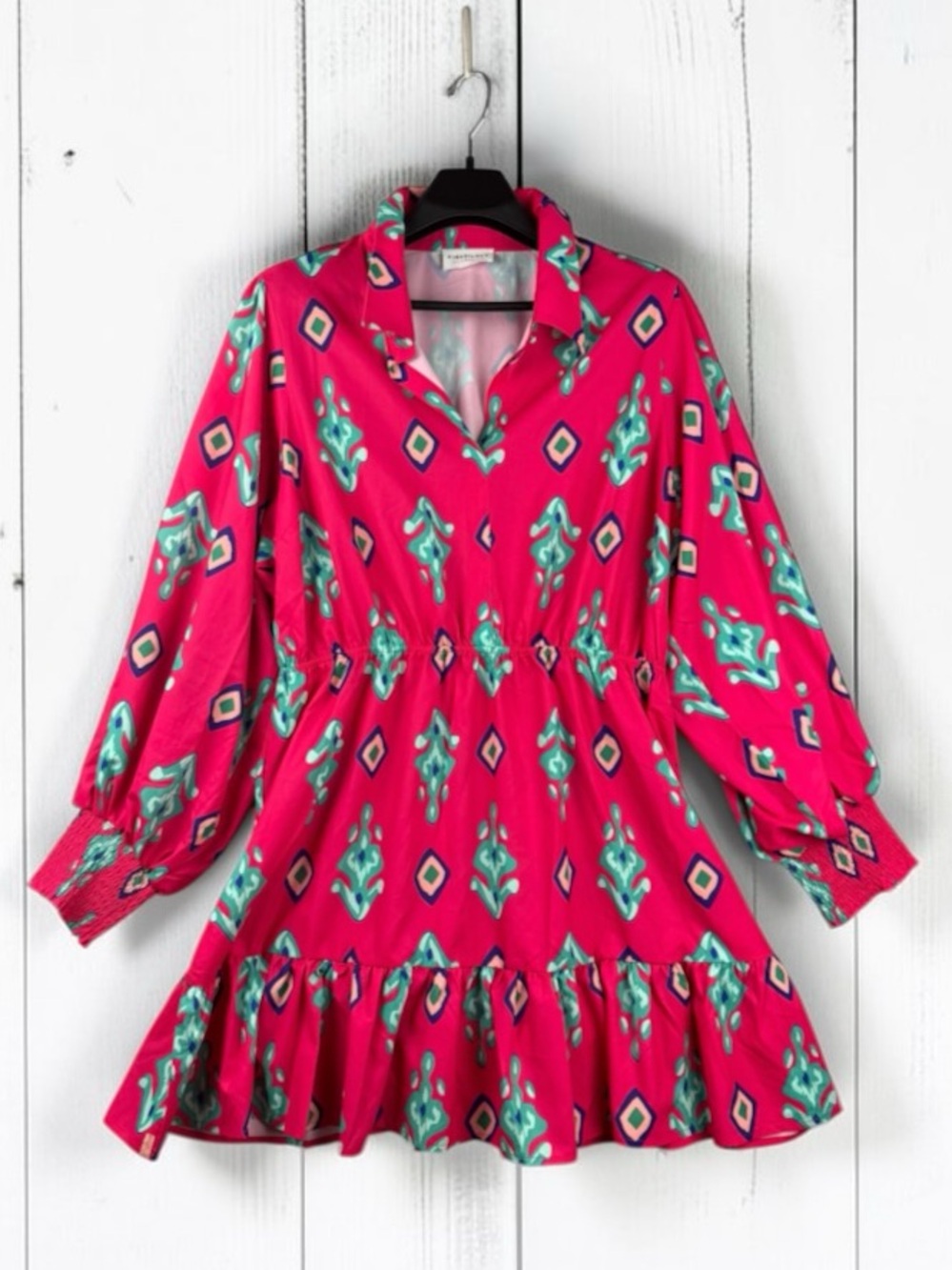 First Love Hot Pink Long-Sleeve Patterned Tiered Dress 2XL